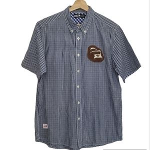 XLarge Fine Clothing Shirt Button Down Casual Blue Plaid Gorilla Logo Size XL